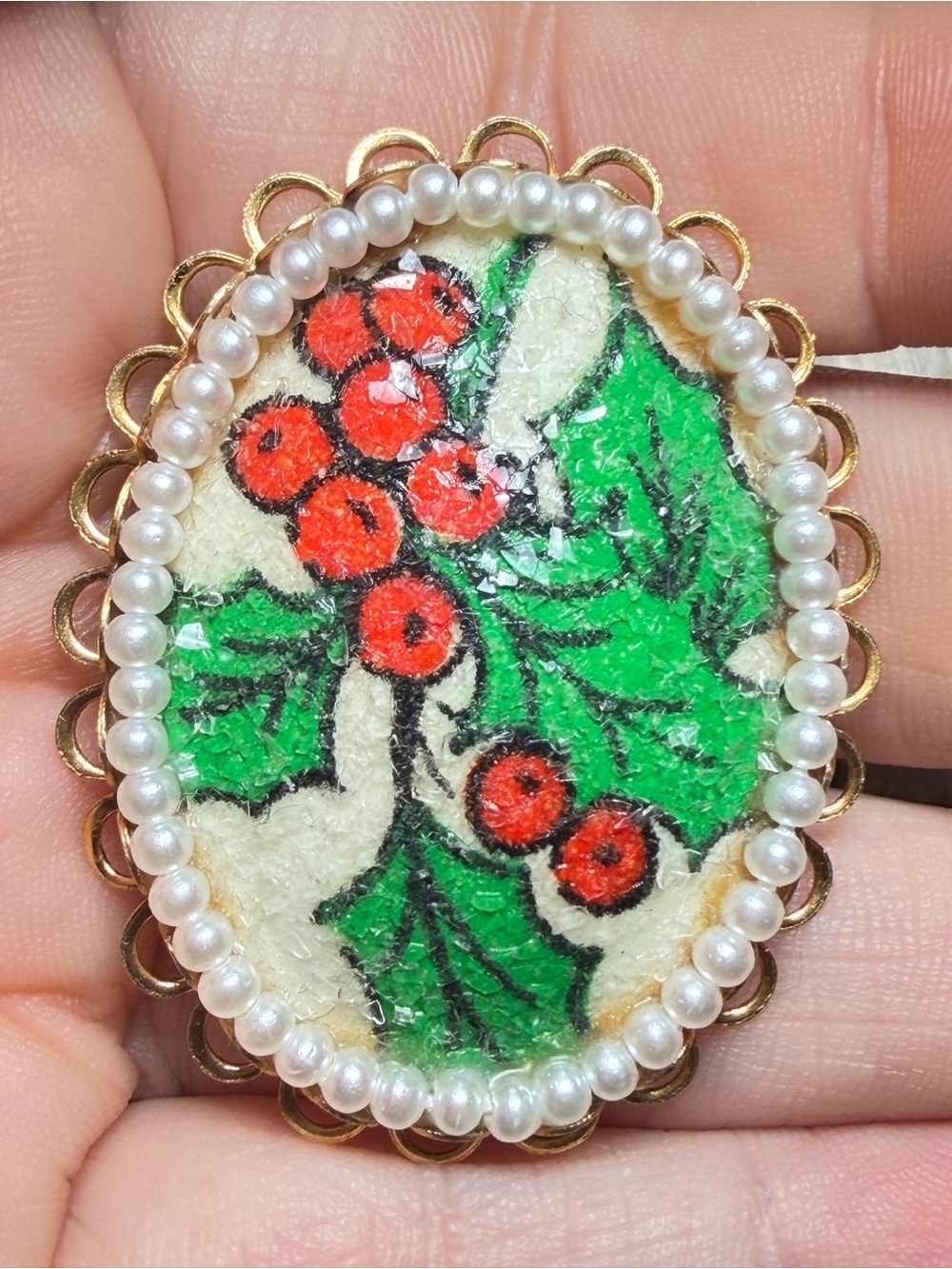 HOLLY BERRY BROOCH Red Green Christmas Pearl Handmade Holiday Pin 2 inches